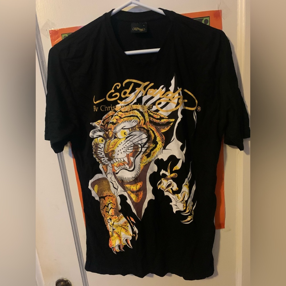 Ed Hardy Black Short Sleeve Tee with Yellow & White Tiger Graphic